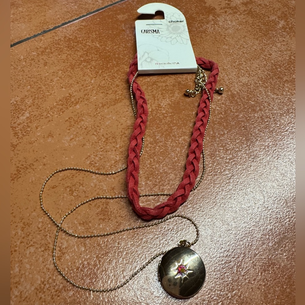 Braided Choker red with rose gold long chain with locket